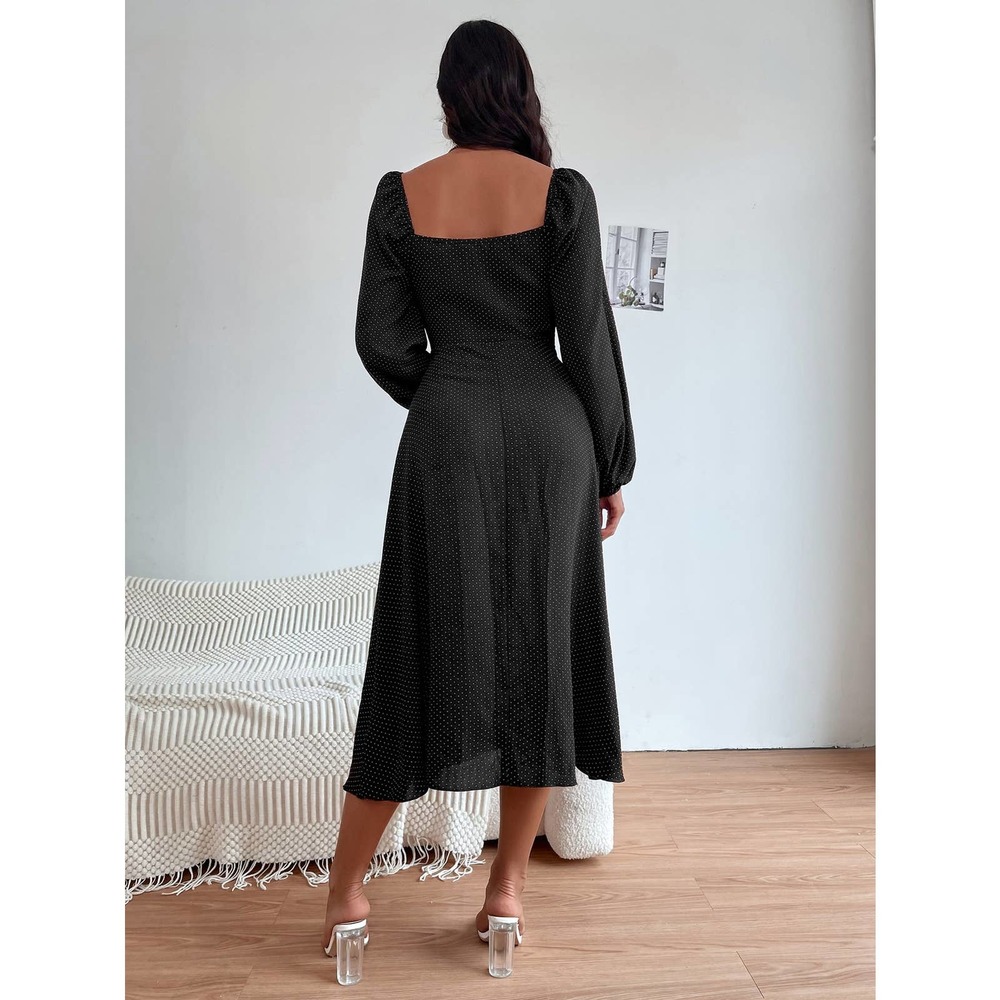 Polka Dot Print Knot Front Lantern long sleeve midi Dress rust brown - Picture 5 of 8